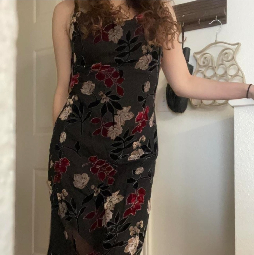 Velvet Floral Midi Dress with Asymmetric Bottom & Fringes Offers Welcome